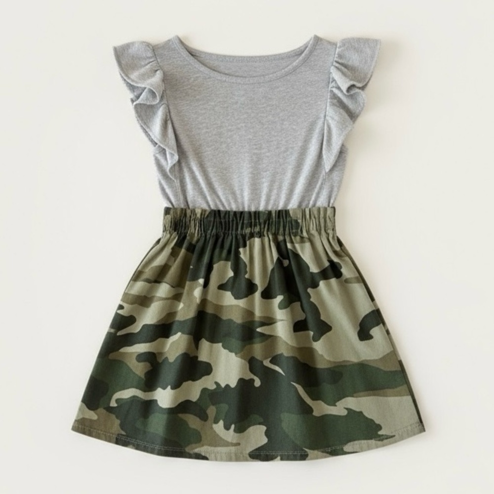 J.Crew Crewcuts Gray Ruffle Top Green Camo Skirt Dress Girls 4 Mixed Media